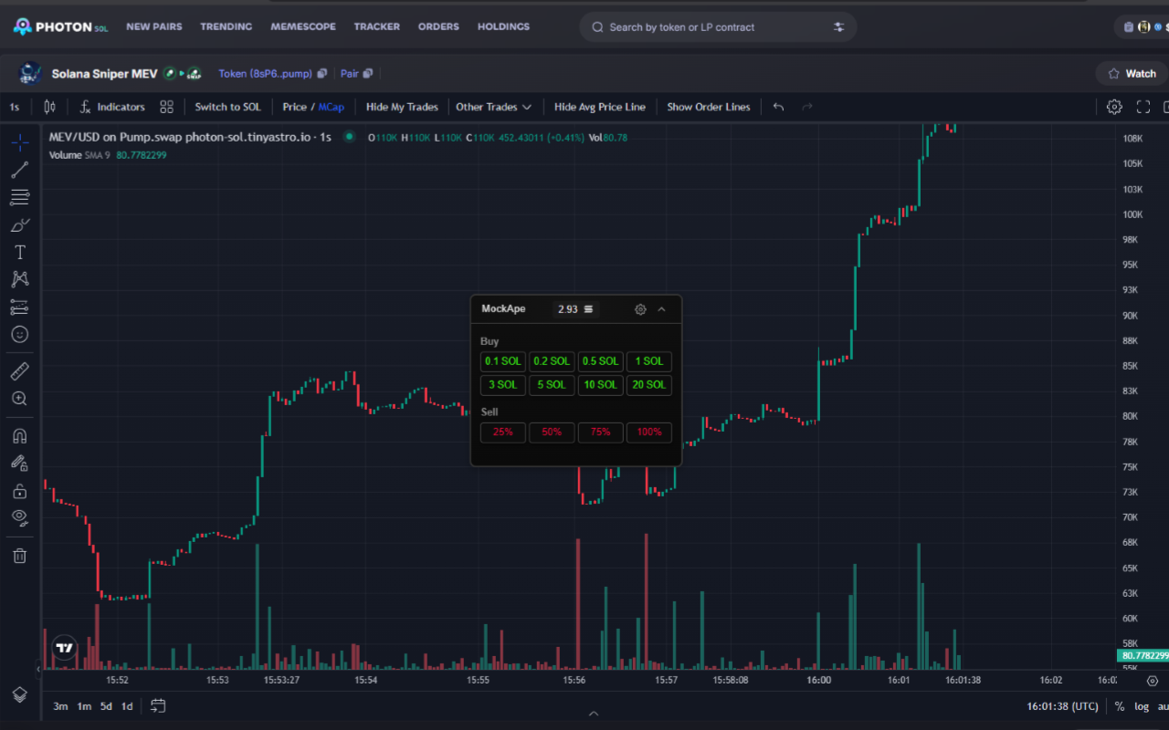 MockApe paper trading interface on Photon platform